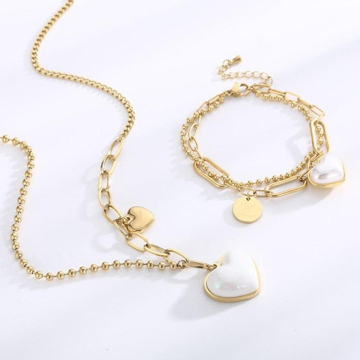 Fashion Wedding Party Pearl Double Chain Necklace Bracelet For Women Sweet Romantic Stainless Steel Jewelry Set Girlfriend Gift.