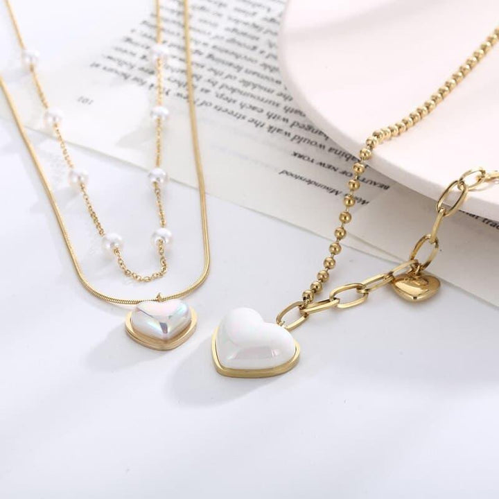 Fashion Wedding Party Pearl Double Chain Necklace Bracelet For Women Sweet Romantic Stainless Steel Jewelry Set Girlfriend Gift.