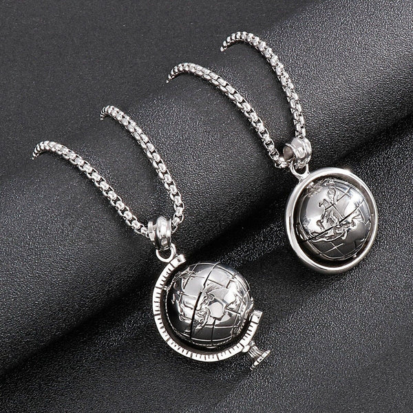 Kalen Globe Accessory Pendant Steel Color Men's Punk Style Stainless Steel Necklace Jewelry.