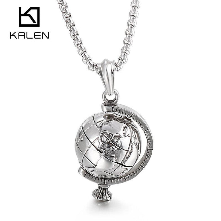 Kalen Globe Accessory Pendant Steel Color Men's Punk Style Stainless Steel Necklace Jewelry.