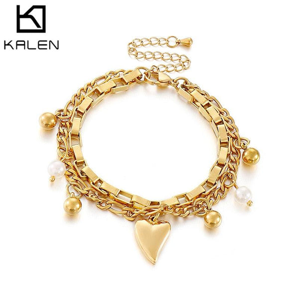 KALEN Bohemian Gold Beads Pearl Bracelets for Women Fashion Beaded Charm Bracelets Pearl Pendant chain Bracelets Women Jewelry.