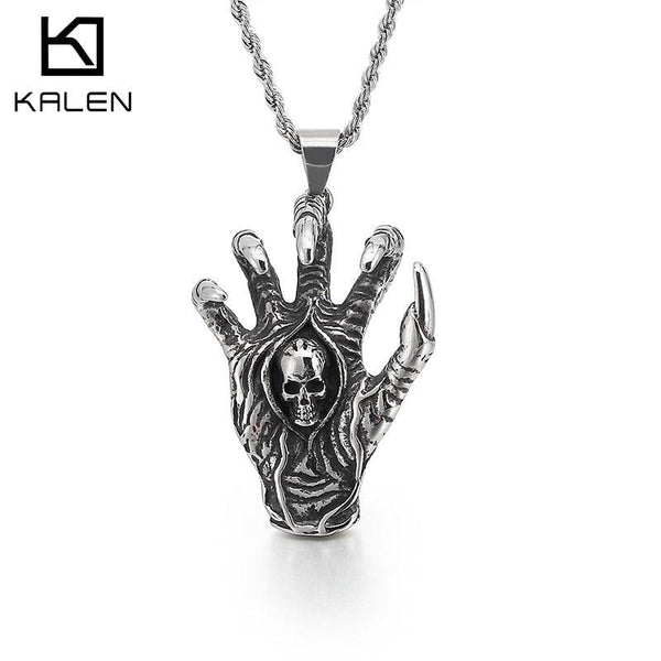 KALEN Punk Skull Claw Pendant Necklace Men Stainless Steel Big Skeleton Palm Chain Choker Gothic Male Jewelry.