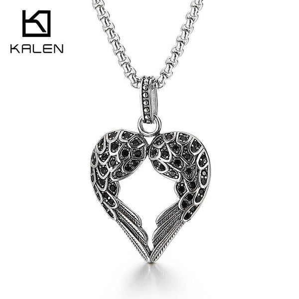 Kalen Gothic Wings Heart Pendant Necklace Stainless Steel Accessories Punk Dragon Charm Jewelry New.