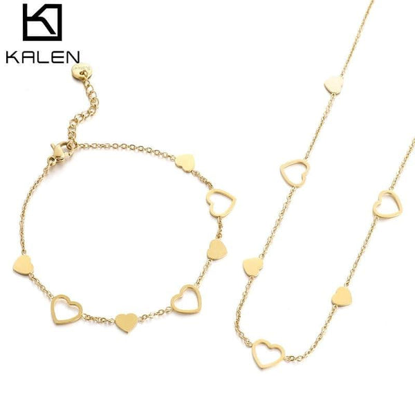 Kalen Classic Art Hollow Heart Shape Pendant Jewelry Sets For Women  Necklaces Bracelet Sets.