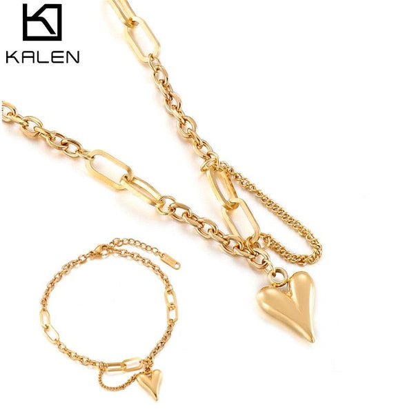 KALEN Romantic Heart Pendant Necklace Set for Women Stainless Steel 18 K Metal Texture Choker Necklace Bracelet Anniversary.