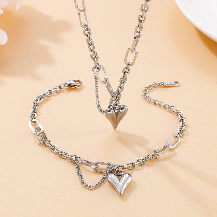 KALEN Romantic Heart Pendant Necklace Set for Women Stainless Steel 18 K Metal Texture Choker Necklace Bracelet Anniversary.