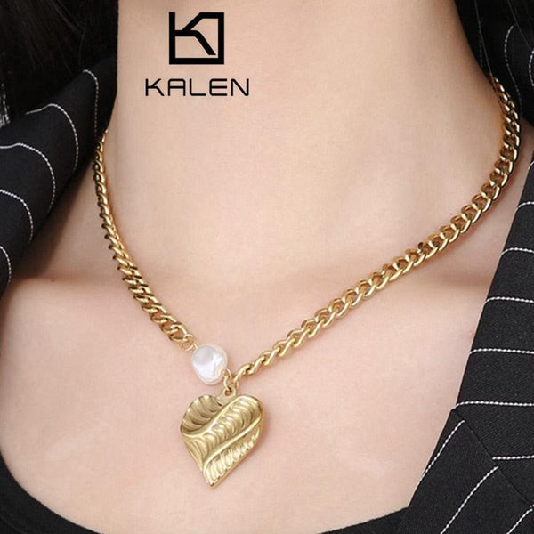 Fashion Heart-Shaped Pendant Cuban Chain Pearl Necklace For Women Personality Charm Girls Sweet Stainless Steel Party Jewelry.