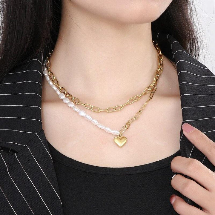 Fashion Heart-Shaped Pendant Cuban Chain Pearl Necklace For Women Personality Charm Girls Sweet Stainless Steel Party Jewelry.