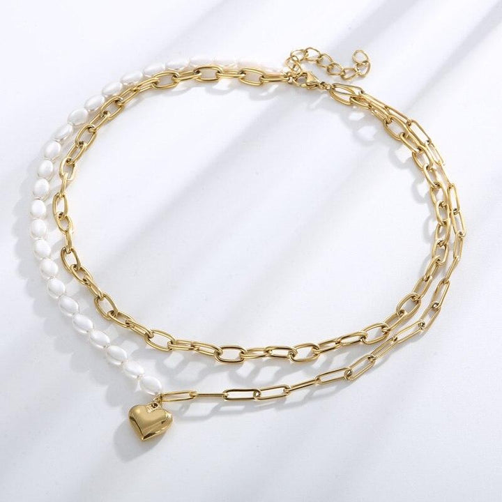 Fashion Heart-Shaped Pendant Cuban Chain Pearl Necklace For Women Personality Charm Girls Sweet Stainless Steel Party Jewelry.