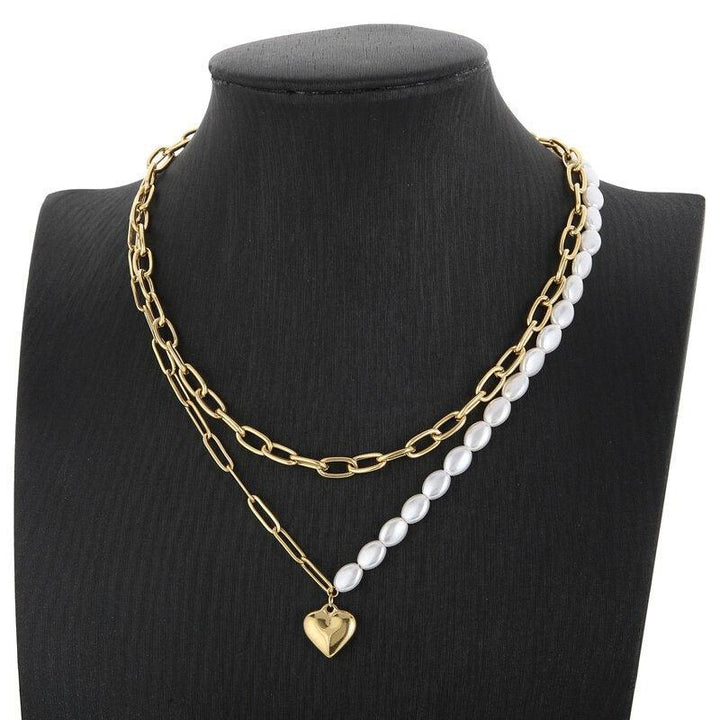 Fashion Heart-Shaped Pendant Cuban Chain Pearl Necklace For Women Personality Charm Girls Sweet Stainless Steel Party Jewelry.