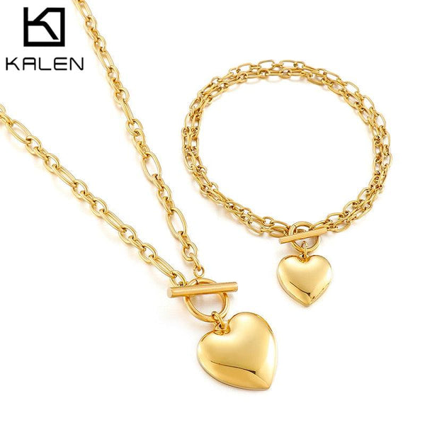 KALEN Gold Color Jewelry Sets for Women Bijoux Heart Choker Long Heart Pendants Necklaces and Bracelet Geometric Vintage Jewelry.