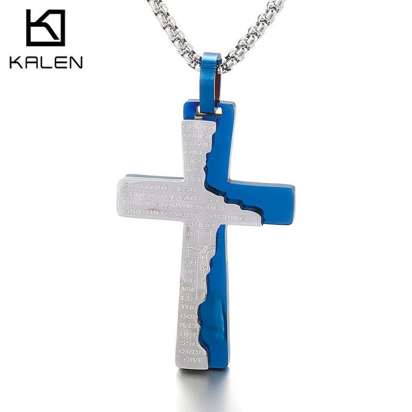 Kalen Jesus Blue Cross Scripture Pendant Stainless Steel Lucky Necklace Rune Jewelry Accessories.