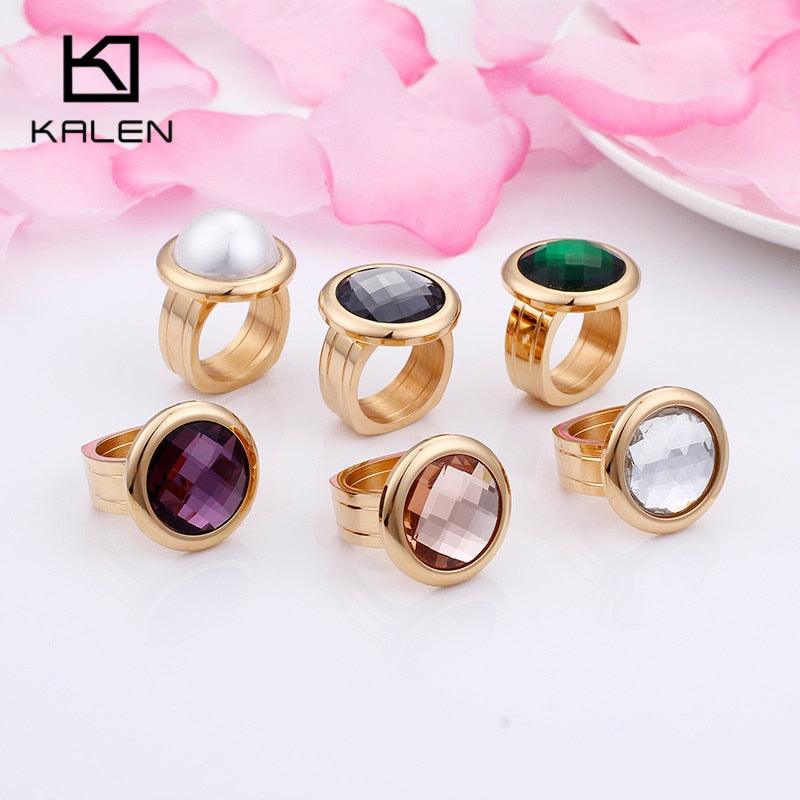 KALEN 1 Piece Stainless Steel Bulgaria Gold Rings Women Bohemia Colorful Stone Finger Rings Size 6 7 8 9 Cheap Rings Jewelry.
