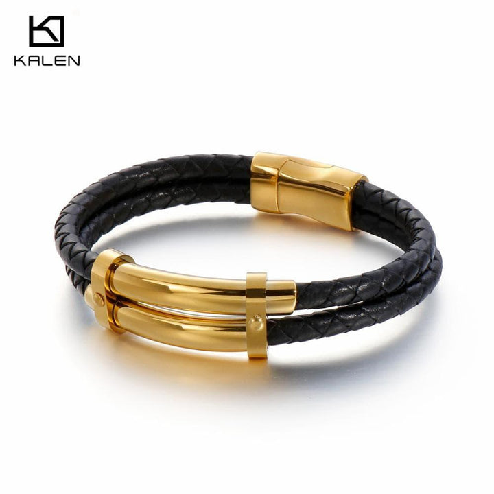 Vintag 21cm Double-Layered Leather Bracelet Men Stainless Steel  Charm Wrap Wristband e Jewelry Accessories.