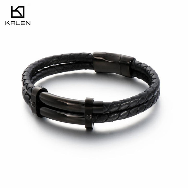 Vintag 21cm Double-Layered Leather Bracelet Men Stainless Steel  Charm Wrap Wristband e Jewelry Accessories.