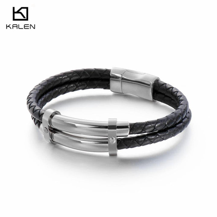 Vintag 21cm Double-Layered Leather Bracelet Men Stainless Steel  Charm Wrap Wristband e Jewelry Accessories.