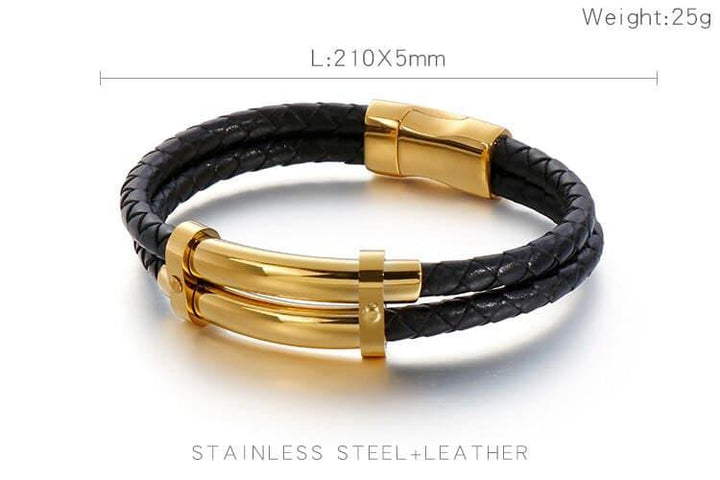 Vintag 21cm Double-Layered Leather Bracelet Men Stainless Steel  Charm Wrap Wristband e Jewelry Accessories.