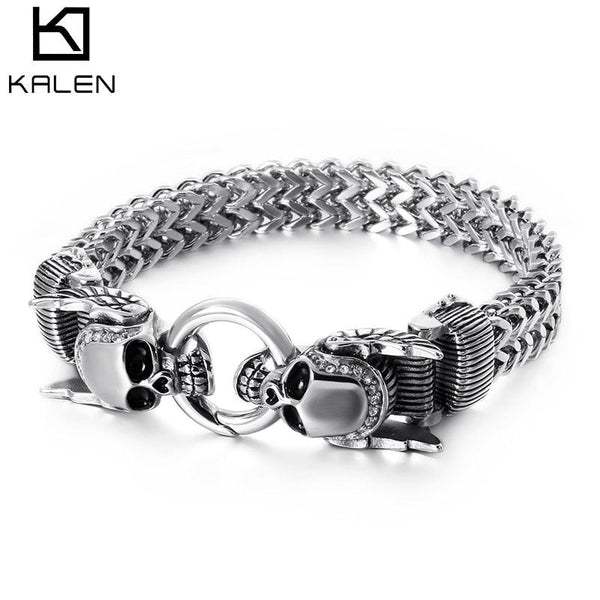 Kalen Gothic Halloween  23cm Chunky Mesh Chain Bracelet For Men Punk Skull Charm Bracelet Stainless Steel Skeleton Accessories J.