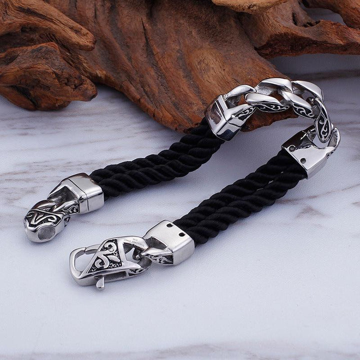 KALEN 11mm Cowhide Leather 12mm Stainless Steel Link Chain Bracelet for Men - kalen