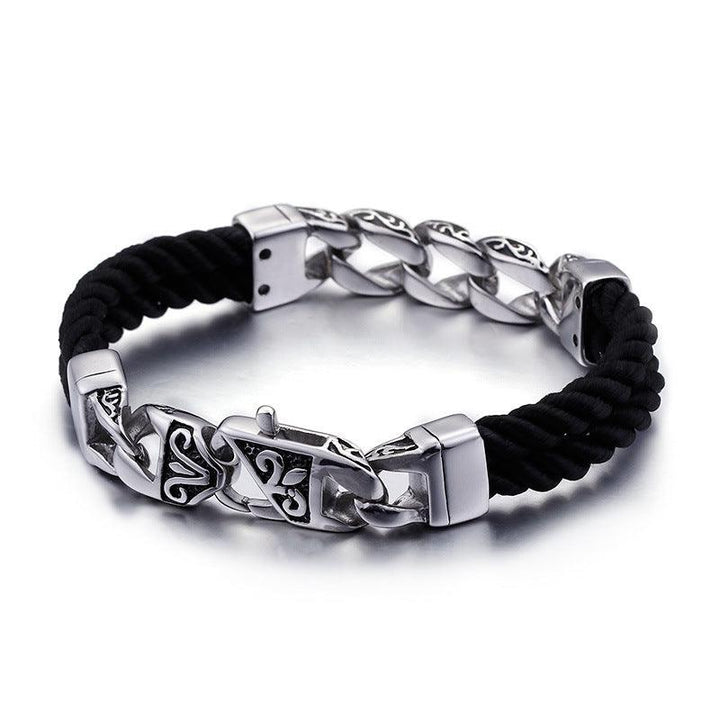 KALEN 11mm Cowhide Leather 12mm Stainless Steel Link Chain Bracelet for Men - kalen