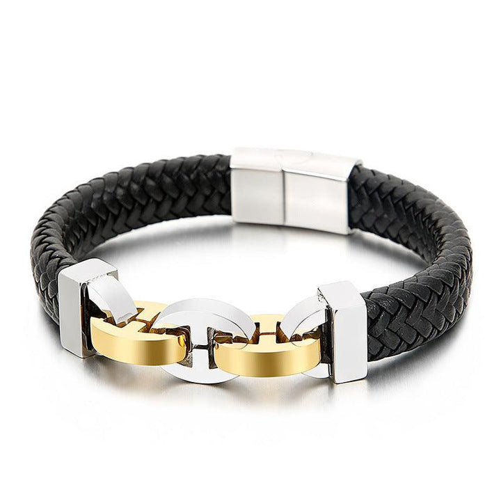 KALEN 11mm Cowhide Leather 13mm Stainless Steel Link Chain Bracelet for Men - kalen