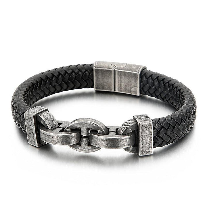 KALEN 11mm Cowhide Leather 13mm Stainless Steel Link Chain Bracelet for Men - kalen