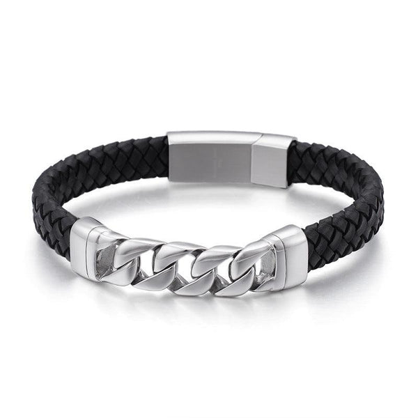 KALEN 11mm Cowhide Leather Stainless Steel Cuban Link Chain Bracelet for Men - kalen