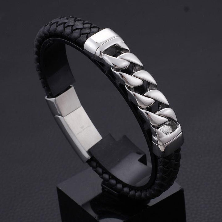 KALEN 11mm Cowhide Leather Stainless Steel Cuban Link Chain Bracelet for Men - kalen