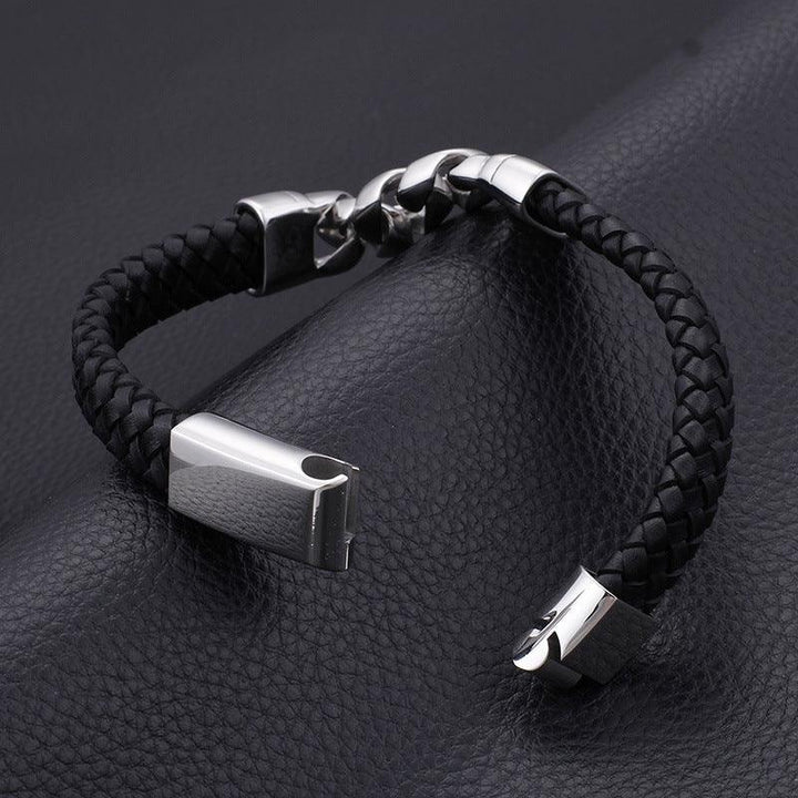 KALEN 11mm Cowhide Leather Stainless Steel Cuban Link Chain Bracelet for Men - kalen