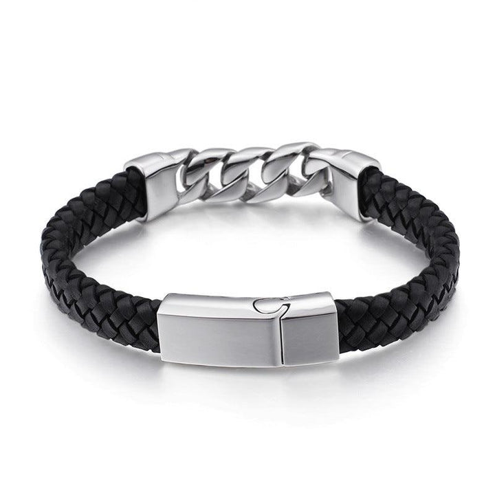 KALEN 11mm Cowhide Leather Stainless Steel Cuban Link Chain Bracelet for Men - kalen