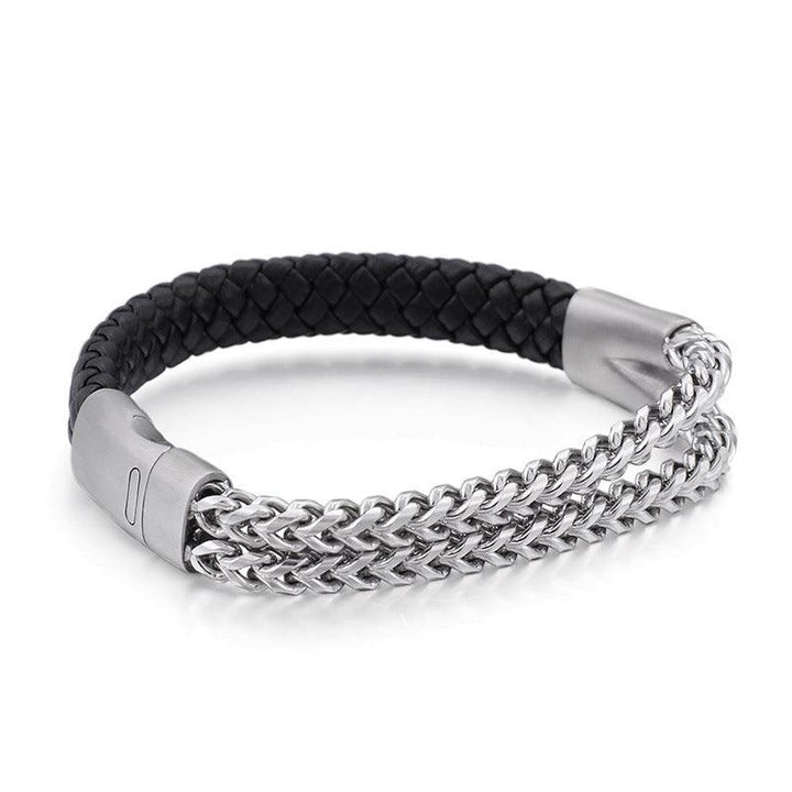 KALEN 11mm Cowhide Leather Stainless Steel Double Franco Link Chain Bracelet for Men - kalen