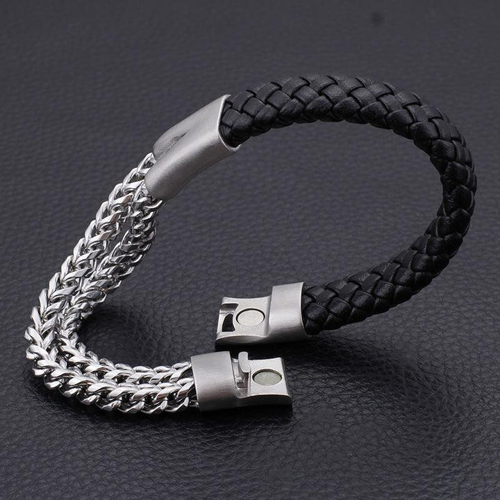 KALEN 11mm Cowhide Leather Stainless Steel Double Franco Link Chain Bracelet for Men - kalen