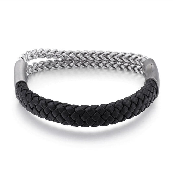 KALEN 11mm Cowhide Leather Stainless Steel Double Franco Link Chain Bracelet for Men - kalen