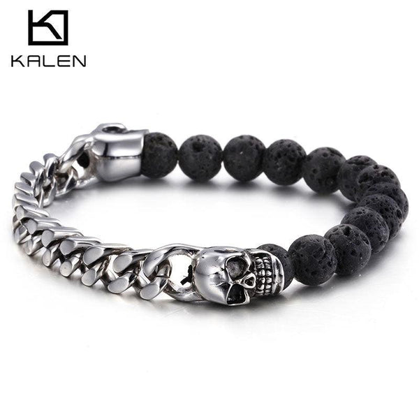 Kalen 11mm Cuban Chain lava Tiger Eye Chain Skull Charm Bracelet for Men - kalen