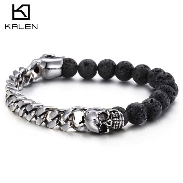 Kalen 11mm Cuban Chain lava Tiger Eye Chain Skull Charm Bracelet for Men - kalen