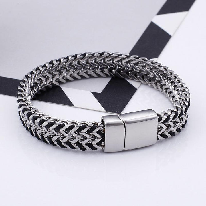 Kalen 11mm Franco Foxtail Link Chain Leather Stainless Steel Bracelet For Men - kalen