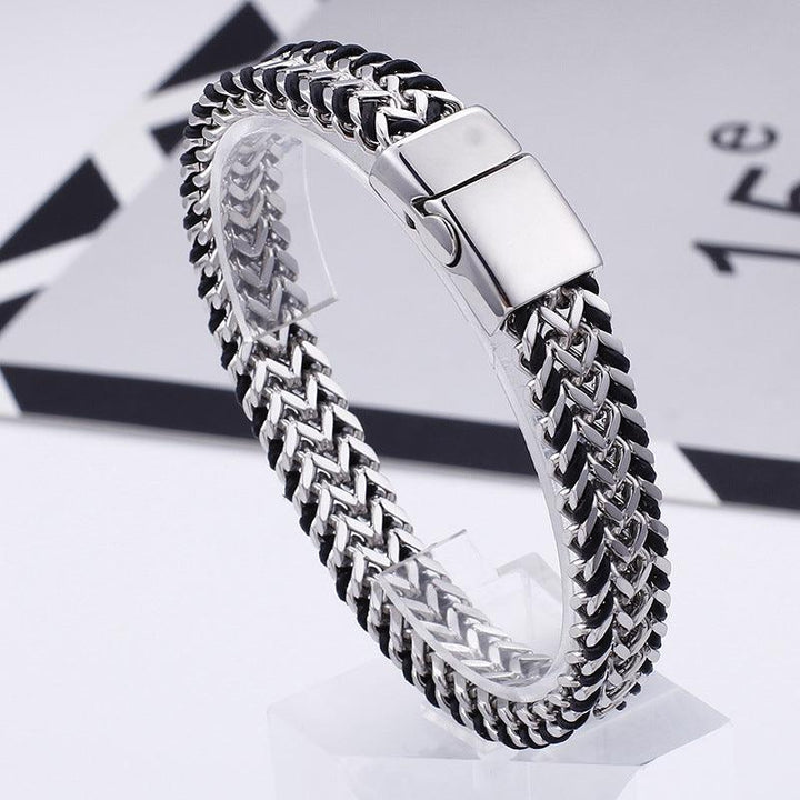 Kalen 11mm Franco Foxtail Link Chain Leather Stainless Steel Bracelet For Men - kalen