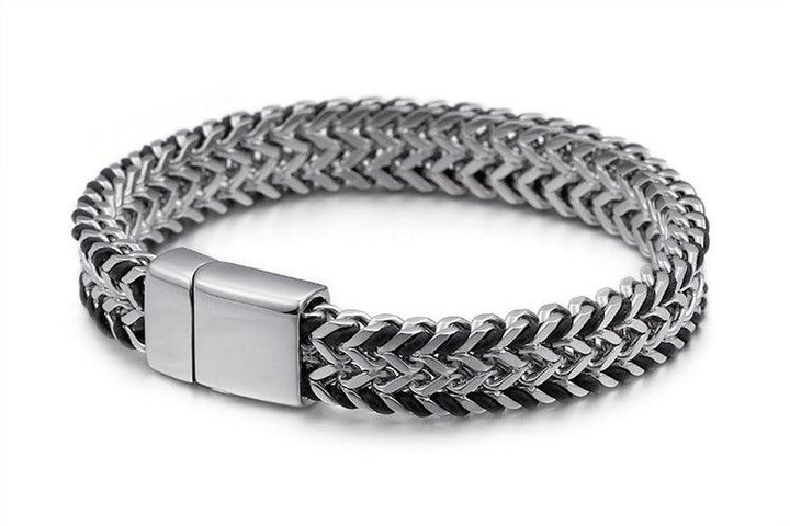 Kalen 11mm Franco Foxtail Link Chain Leather Stainless Steel Bracelet For Men - kalen