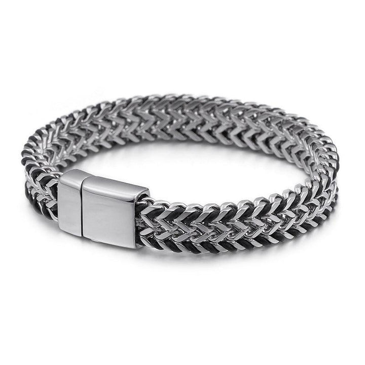 Kalen 11mm Franco Foxtail Link Chain Leather Stainless Steel Bracelet For Men - kalen