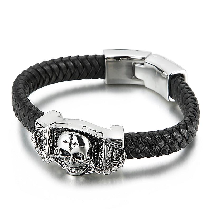 Kalen 11mm Leather Stainless Steel Skull Charm Bracelet For Men - kalen