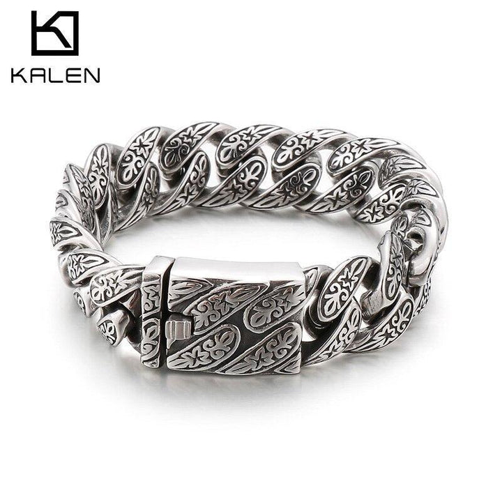 Kalen 12/18mm Punk Retro Totem Curb Cuban Chain Men's Bracelet Stainless Steel Trend Bracelets Wristband Jewelry.