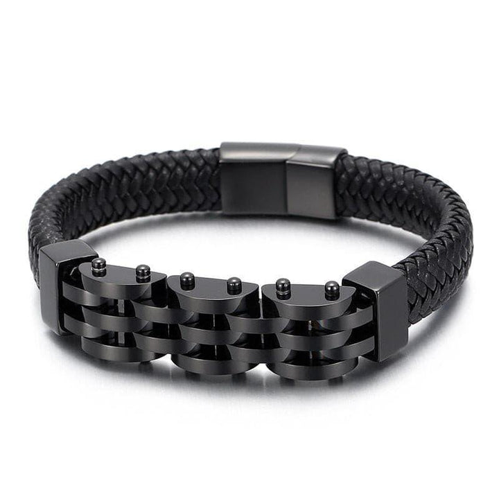 KALEN Black Leather Watchband Bracelet Men Stainless Steel Biker Jewelry.