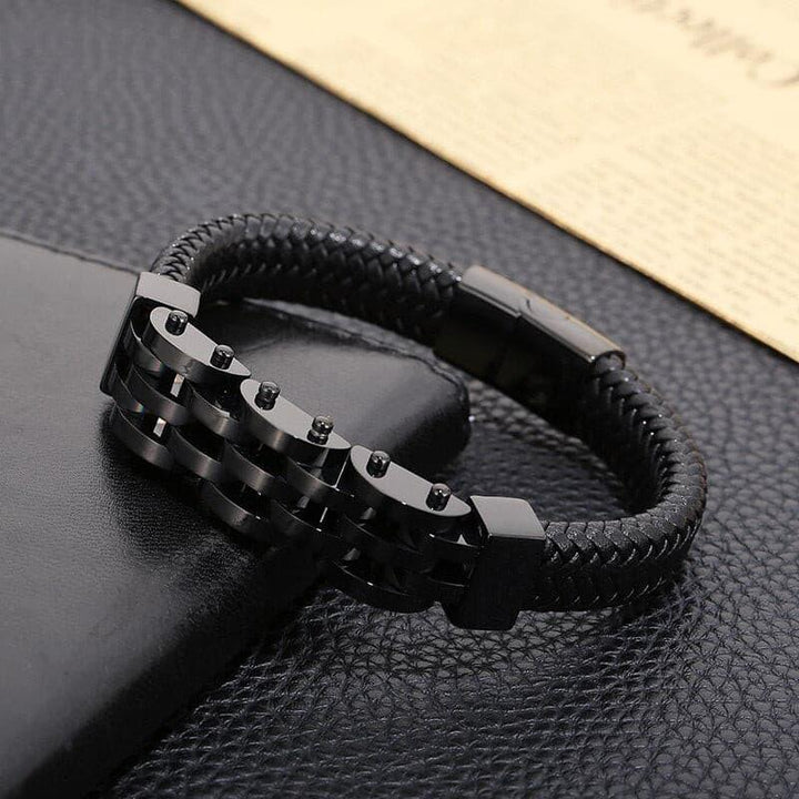 KALEN Black Leather Watchband Bracelet Men Stainless Steel Biker Jewelry.