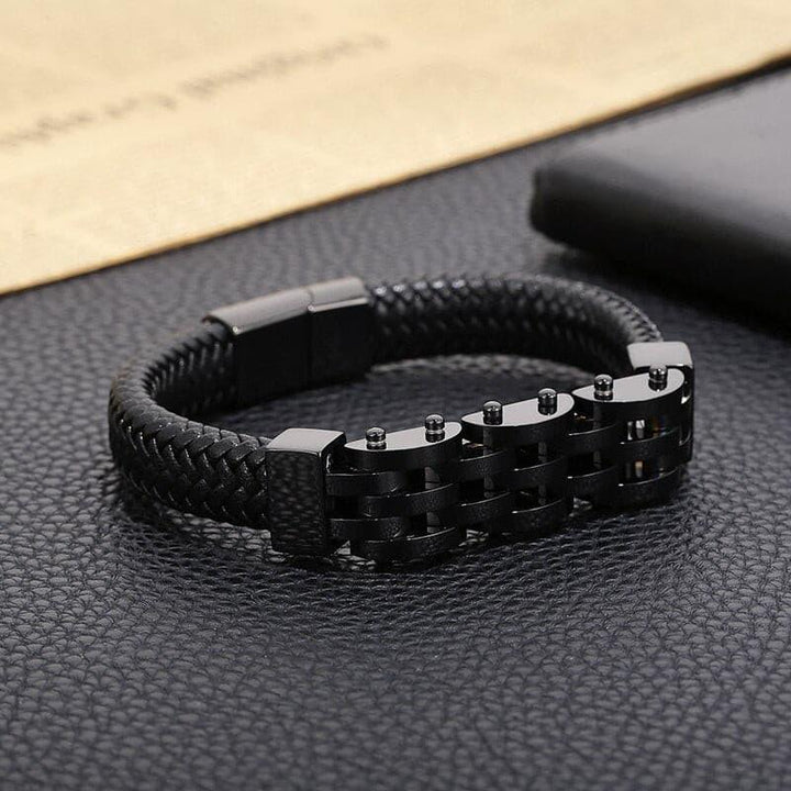 KALEN Black Leather Watchband Bracelet Men Stainless Steel Biker Jewelry.