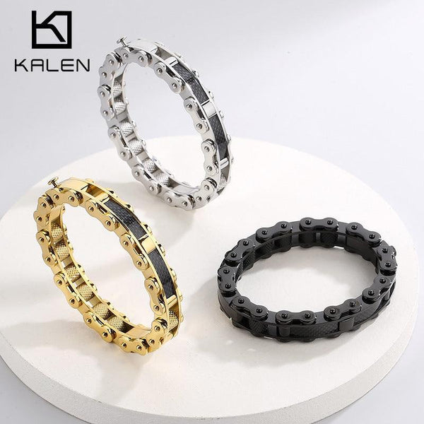 Kalen 12mm Biker Stainless Steel Carbon Fiber Bicycle Chain Bracelet for Men - kalen