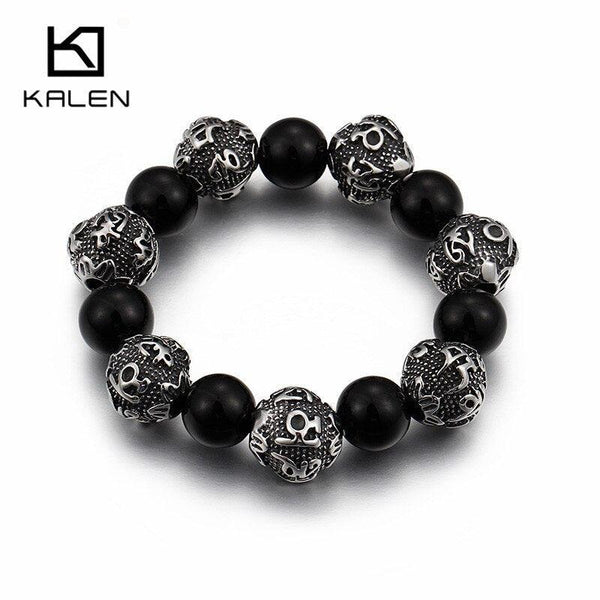 KALEN 12mm Black Glass Lucky Beads Men Bracelet Vintage Punk Stainless Steel Mystic Symbols Beads Elastic Stand Bracelet Jewelry.