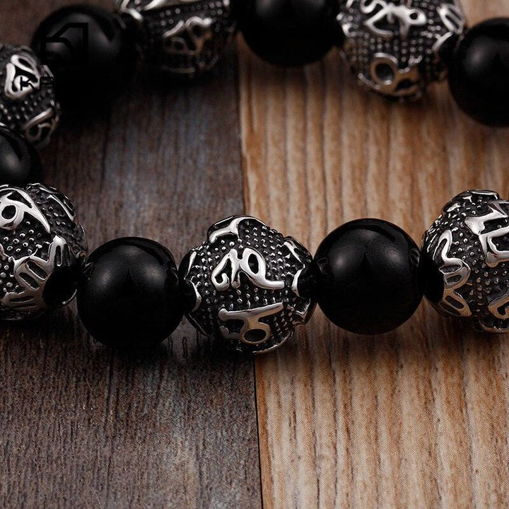 KALEN 12mm Black Glass Lucky Beads Men Bracelet Vintage Punk Stainless Steel Mystic Symbols Beads Elastic Stand Bracelet Jewelry.