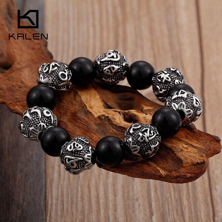 KALEN 12mm Black Glass Lucky Beads Men Bracelet Vintage Punk Stainless Steel Mystic Symbols Beads Elastic Stand Bracelet Jewelry.