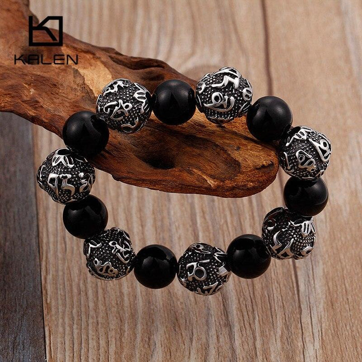 KALEN 12mm Black Glass Lucky Beads Men Bracelet Vintage Punk Stainless Steel Mystic Symbols Beads Elastic Stand Bracelet Jewelry.