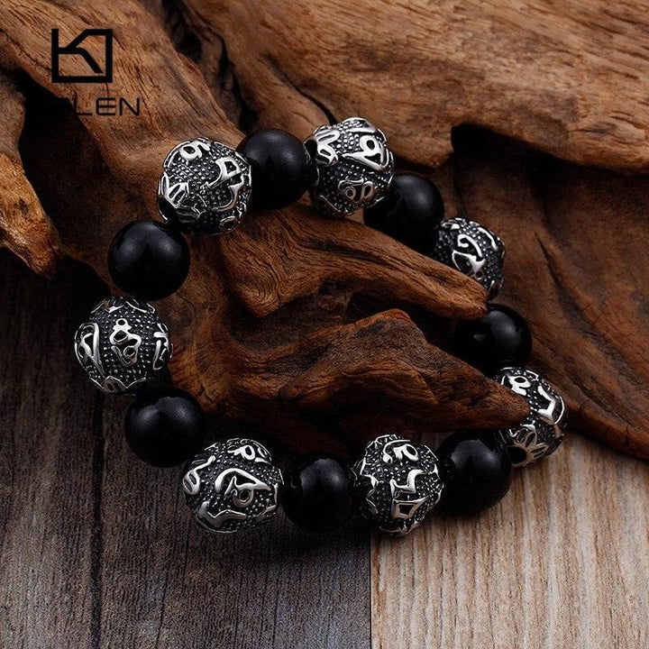 KALEN 12mm Black Glass Lucky Beads Men Bracelet Vintage Punk Stainless Steel Mystic Symbols Beads Elastic Stand Bracelet Jewelry.